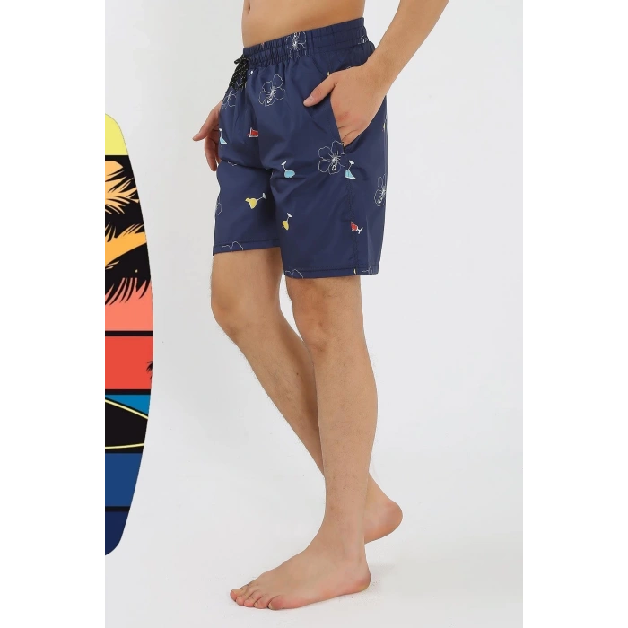 MİRAY- Erkek Desenli Fermuar Cepli Deniz Şortu Lacivert