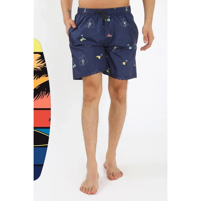 MİRAY- Erkek Desenli Fermuar Cepli Deniz Şortu Lacivert