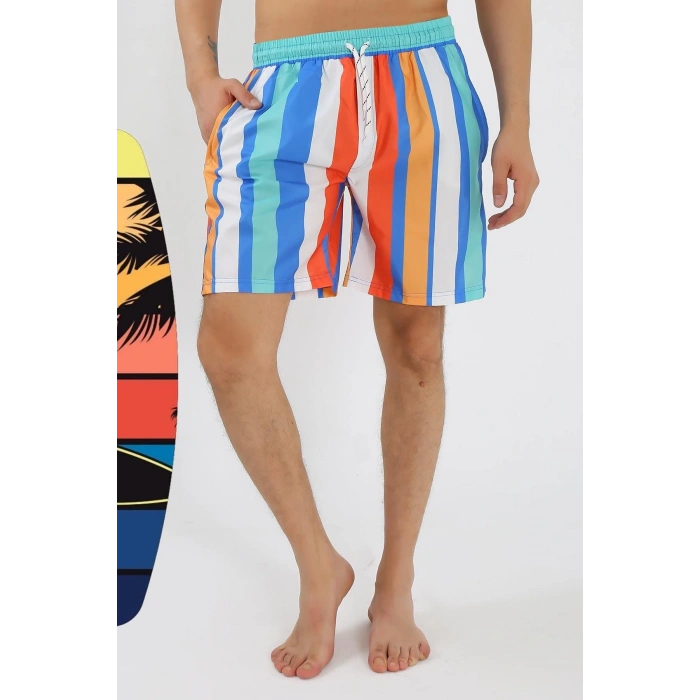 MİRAY- Erkek Desenli Fermuar Cepli Deniz Şortu Mavi