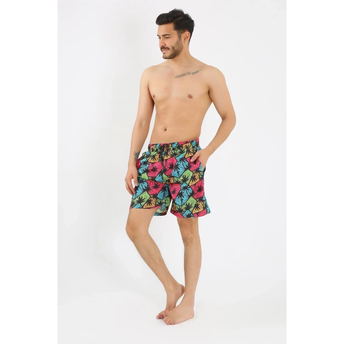 MİRAY- Erkek Desenli Fermuar Cepli Deniz Şortu Siyah