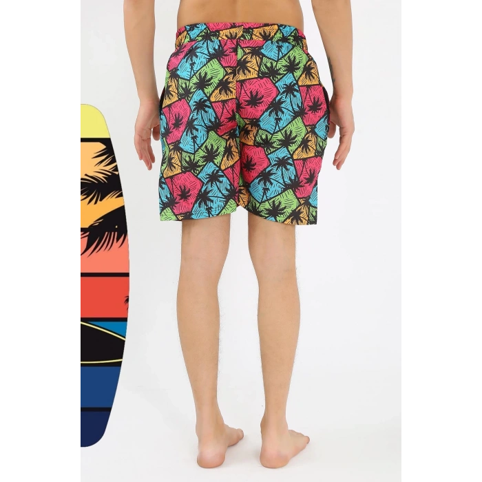 MİRAY- Erkek Desenli Fermuar Cepli Deniz Şortu Siyah