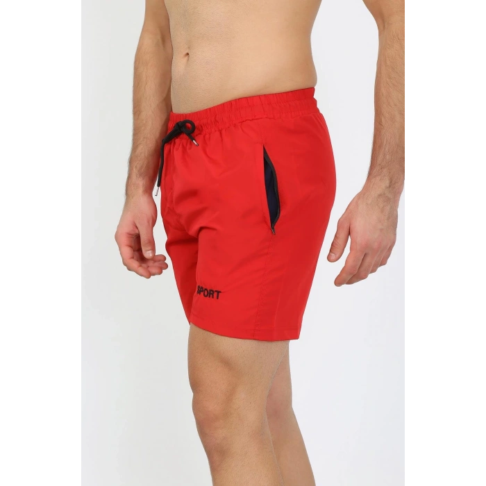MİRAY- Erkek Fermuar Cepli Deniz Şortu Kırmızı