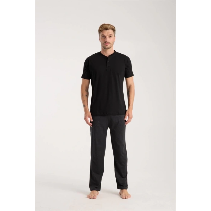 MİRAY- Erkek Füme Düğmeli Yaka Kısa Kol Pijama Takımı