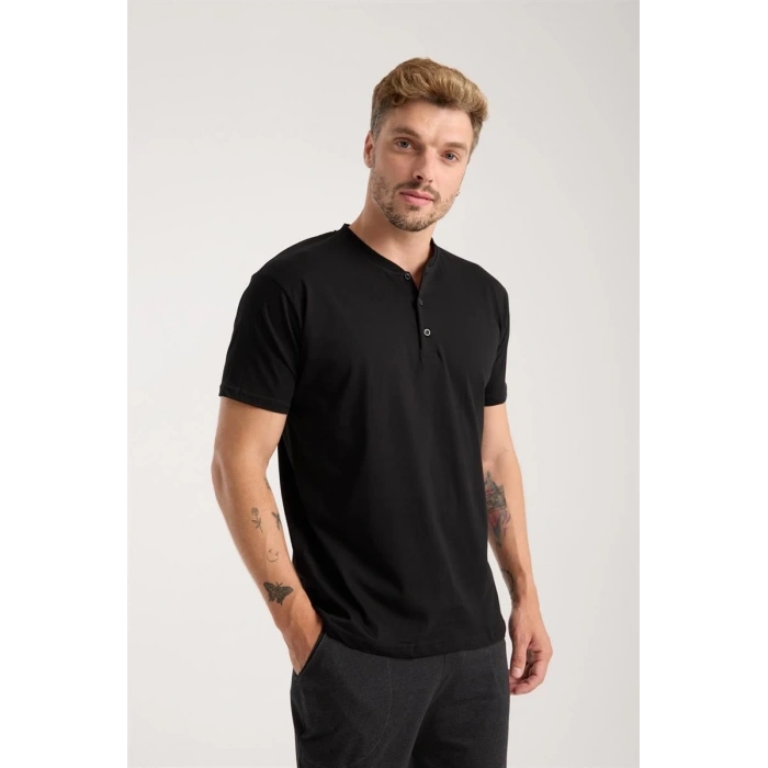 MİRAY- Erkek Füme Düğmeli Yaka Kısa Kol Pijama Takımı