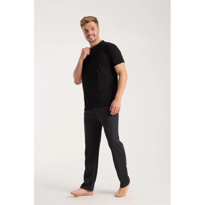 MİRAY- Erkek Füme Düğmeli Yaka Kısa Kol Pijama Takımı