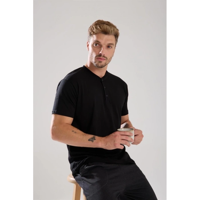 MİRAY- Erkek Füme Düğmeli Yaka Kısa Kol Pijama Takımı