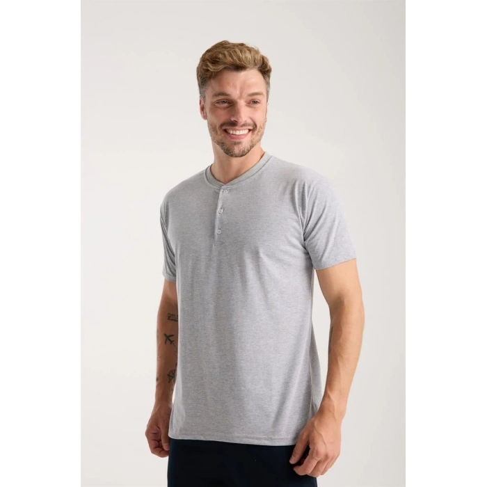 MİRAY- Erkek Gri Düğmeli Yaka Kısa Kol Pijama Takımı