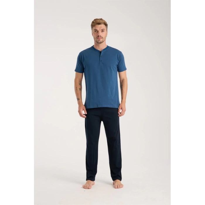 MİRAY- Erkek İndigo Düğmeli Yaka Kısa Kol Pijama Takımı