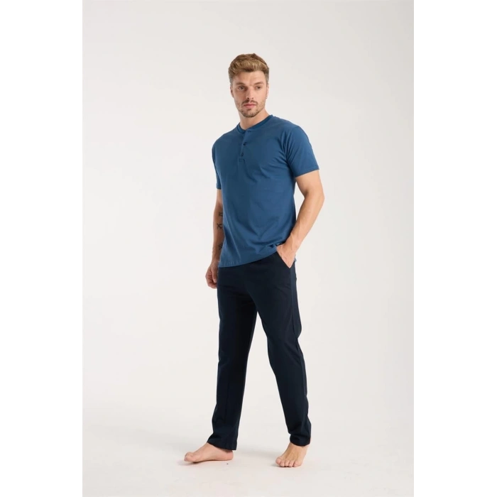 MİRAY- Erkek İndigo Düğmeli Yaka Kısa Kol Pijama Takımı