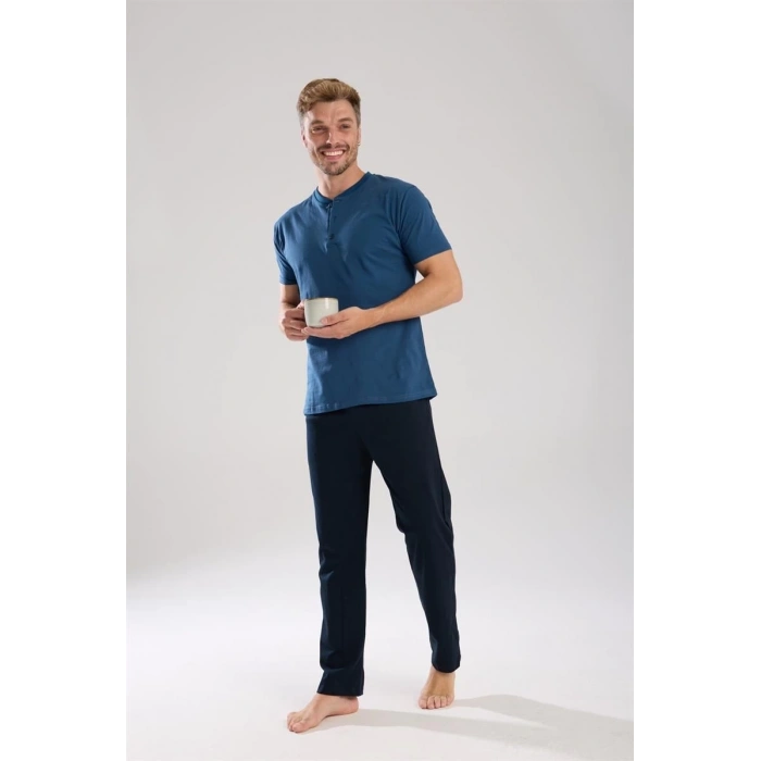 MİRAY- Erkek İndigo Düğmeli Yaka Kısa Kol Pijama Takımı