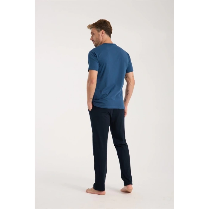 MİRAY- Erkek İndigo Düğmeli Yaka Kısa Kol Pijama Takımı
