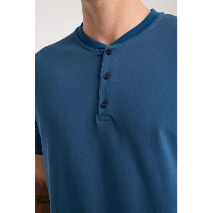 MİRAY- Erkek İndigo Düğmeli Yaka Kısa Kol Pijama Takımı