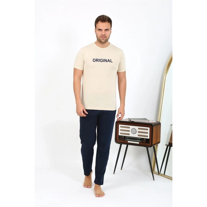 MİRAY- Erkek Kısa Kol Penye Pijama Takımı Krem