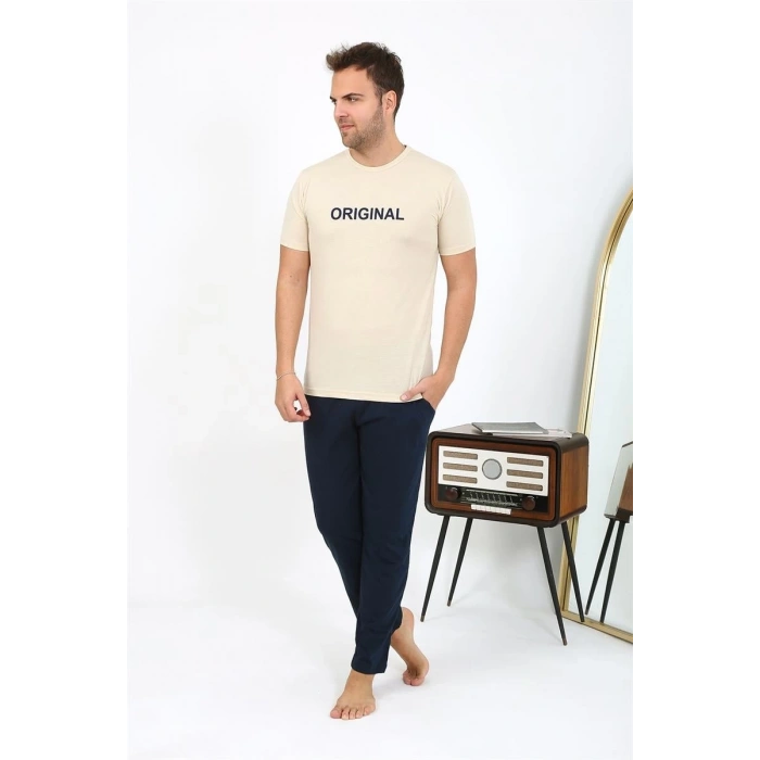 MİRAY- Erkek Kısa Kol Penye Pijama Takımı Krem