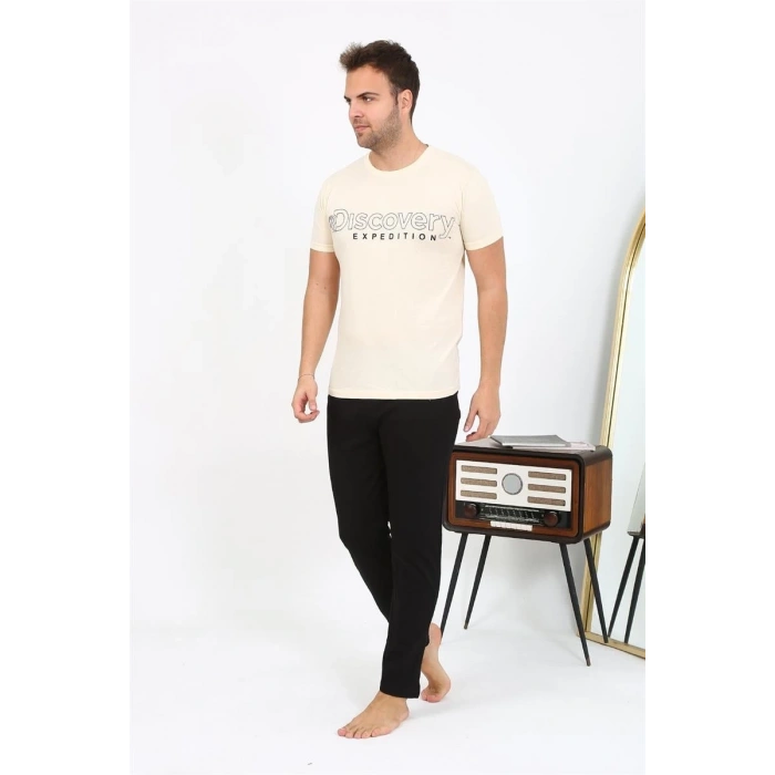MİRAY- Erkek Kısa Kol Penye Pijama Takımı Krem