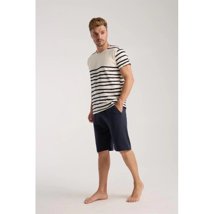 MİRAY- Erkek Krem Sıfır Yaka Kısa Kol Şortlu Pijama Takımı