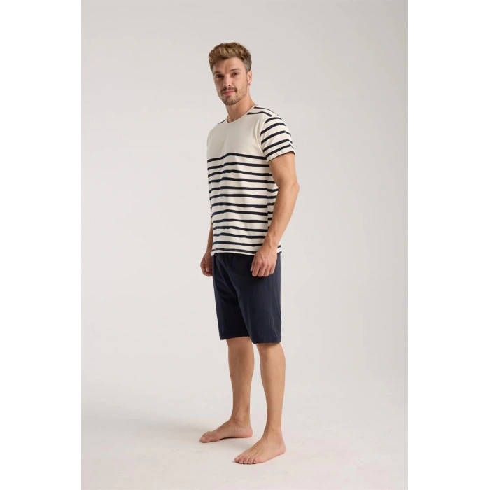 MİRAY- Erkek Krem Sıfır Yaka Kısa Kol Şortlu Pijama Takımı