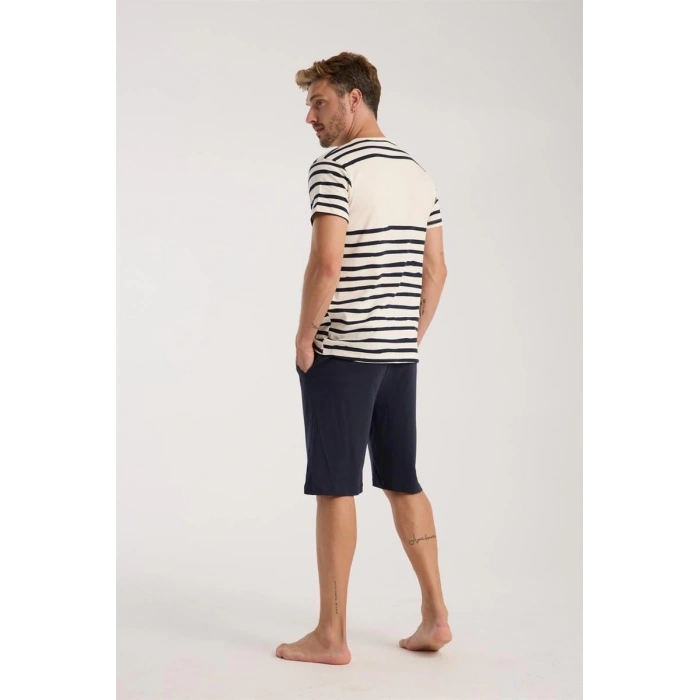 MİRAY- Erkek Krem Sıfır Yaka Kısa Kol Şortlu Pijama Takımı