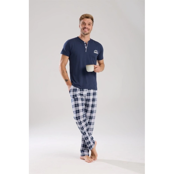 MİRAY- Erkek Lacivert Düğmeli Yaka Kısa Kol Pijama Takımı