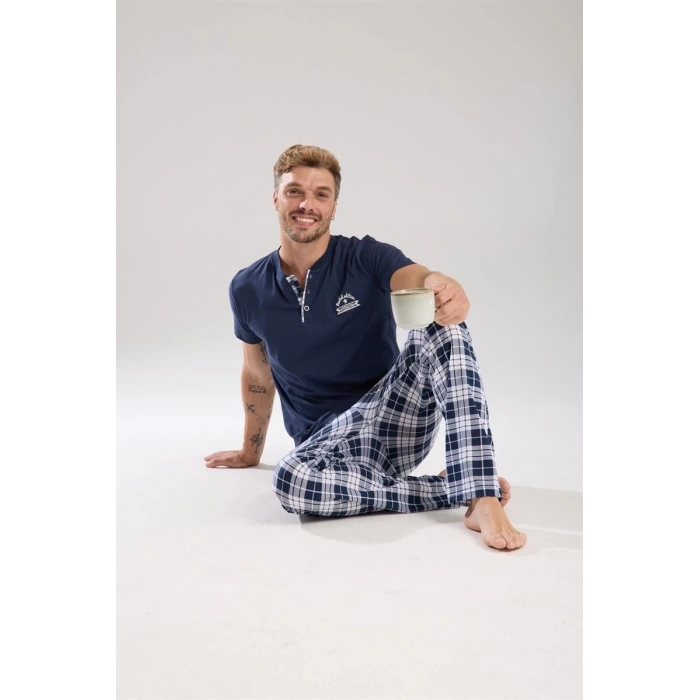 MİRAY- Erkek Lacivert Düğmeli Yaka Kısa Kol Pijama Takımı