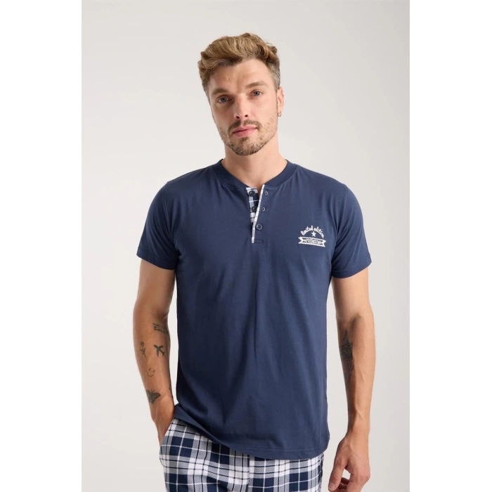 MİRAY- Erkek Lacivert Düğmeli Yaka Kısa Kol Pijama Takımı