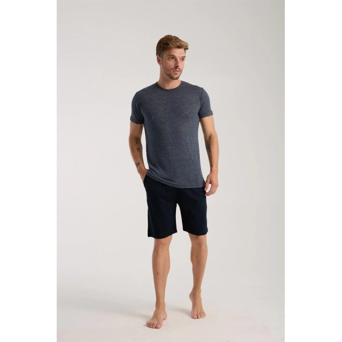 MİRAY- Erkek Lacivert Sıfır Yaka Kısa Kol Şortlu Pijama Takımı