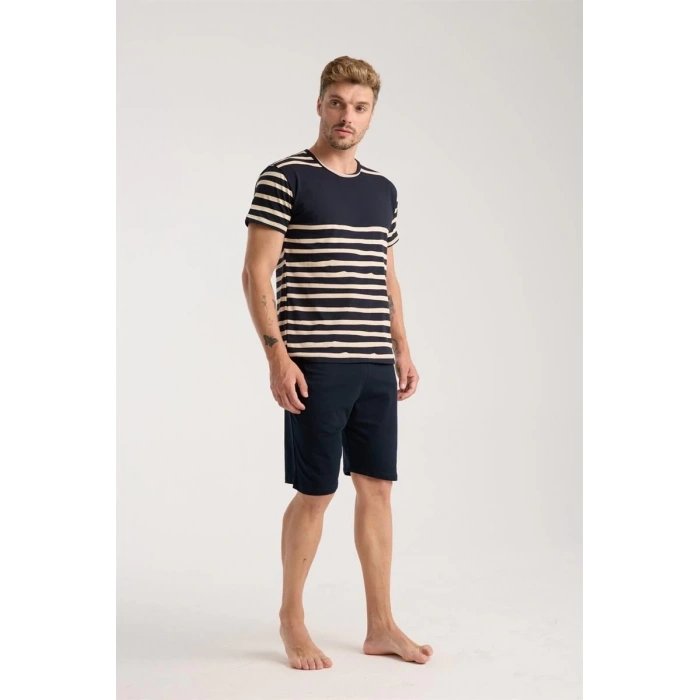 MİRAY- Erkek Lacivert Sıfır Yaka Kısa Kol Şortlu Pijama Takımı
