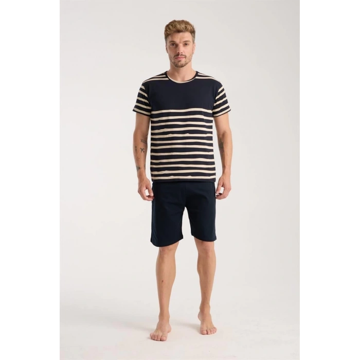 MİRAY- Erkek Lacivert Sıfır Yaka Kısa Kol Şortlu Pijama Takımı