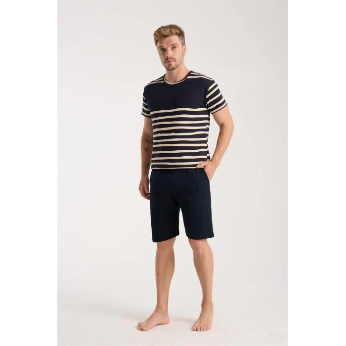 MİRAY- Erkek Lacivert Sıfır Yaka Kısa Kol Şortlu Pijama Takımı