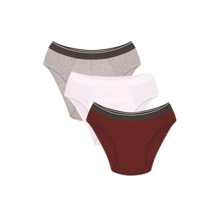 MİRAY- Erkek Pamuk 3lü Bordo Beyaz Gri Likralı Slip