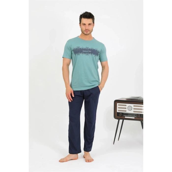 MİRAY- Erkek Pamuk Kısa Kol Pijama Takım SuYeşili