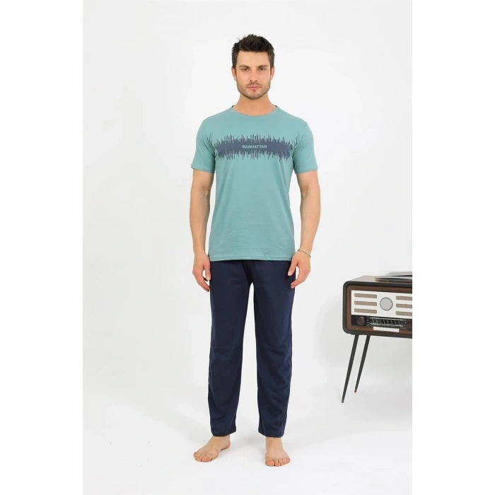 MİRAY- Erkek Pamuk Kısa Kol Pijama Takım SuYeşili