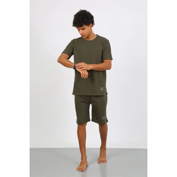 MİRAY- Erkek Pamuk Lakost Alt Üst Kaprili Pijama Takım Haki