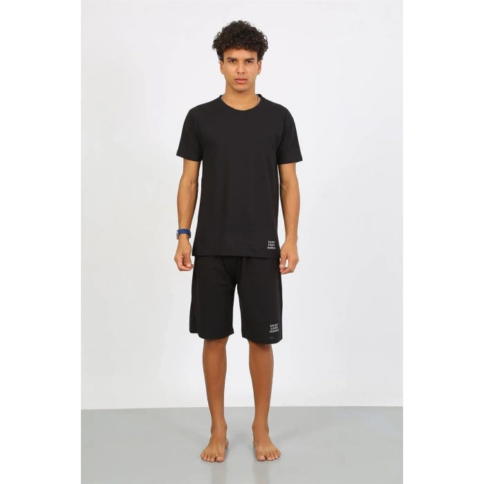 MİRAY- Erkek Pamuk Lakost Alt Üst Kaprili Pijama Takım Siyah