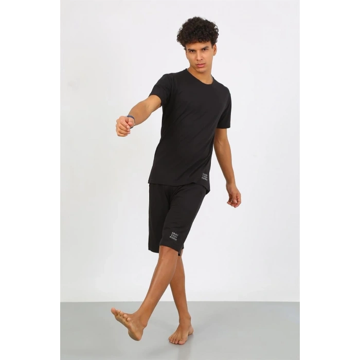MİRAY- Erkek Pamuk Lakost Alt Üst Kaprili Pijama Takım Siyah