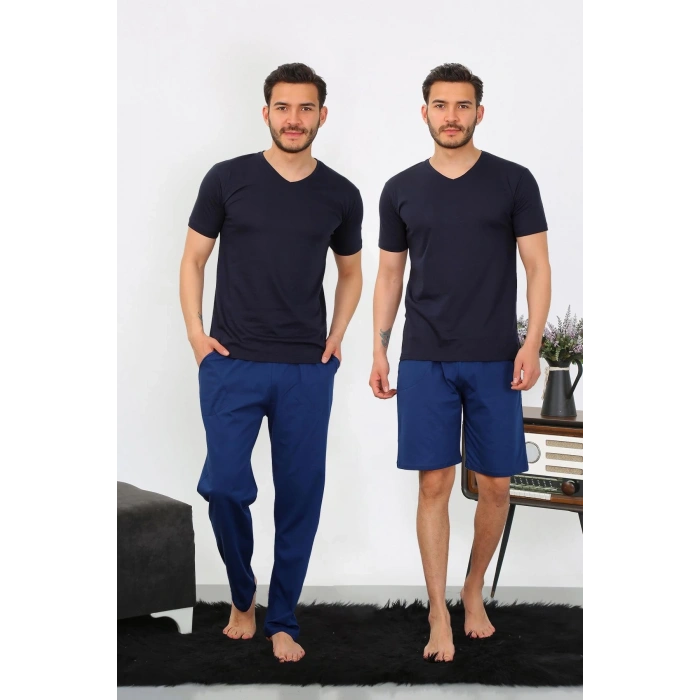 MİRAY- Erkek Penye 3lü Lacivert V Yaka Pijama Takımı