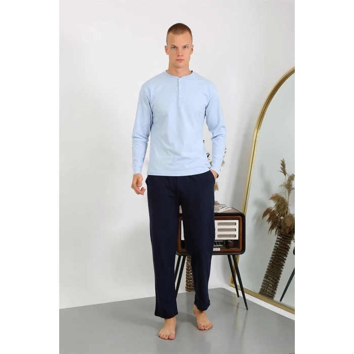 MİRAY- Erkek Penye Uzun Kol Pijama Takımı Buz Mavisi