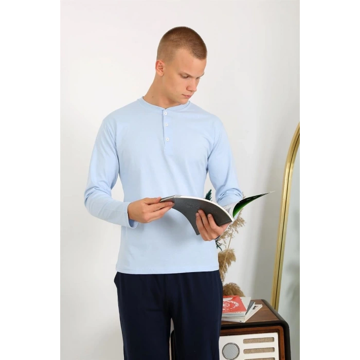 MİRAY- Erkek Penye Uzun Kol Pijama Takımı Buz Mavisi