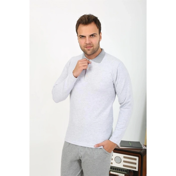 MİRAY- Erkek Polo Yaka Uzun Kol Penye Pijama Takımı Gri