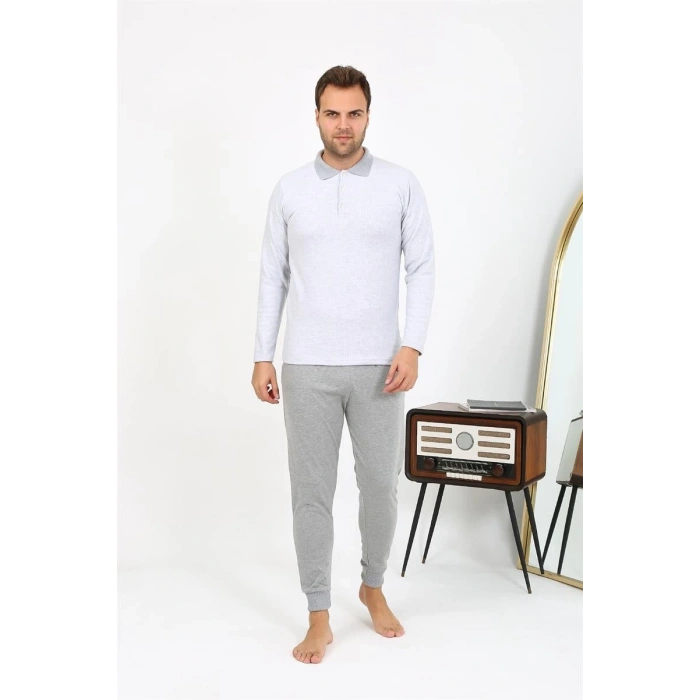 MİRAY- Erkek Polo Yaka Uzun Kol Penye Pijama Takımı Gri