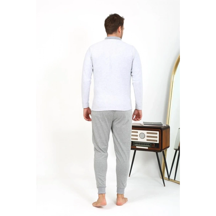 MİRAY- Erkek Polo Yaka Uzun Kol Penye Pijama Takımı Gri