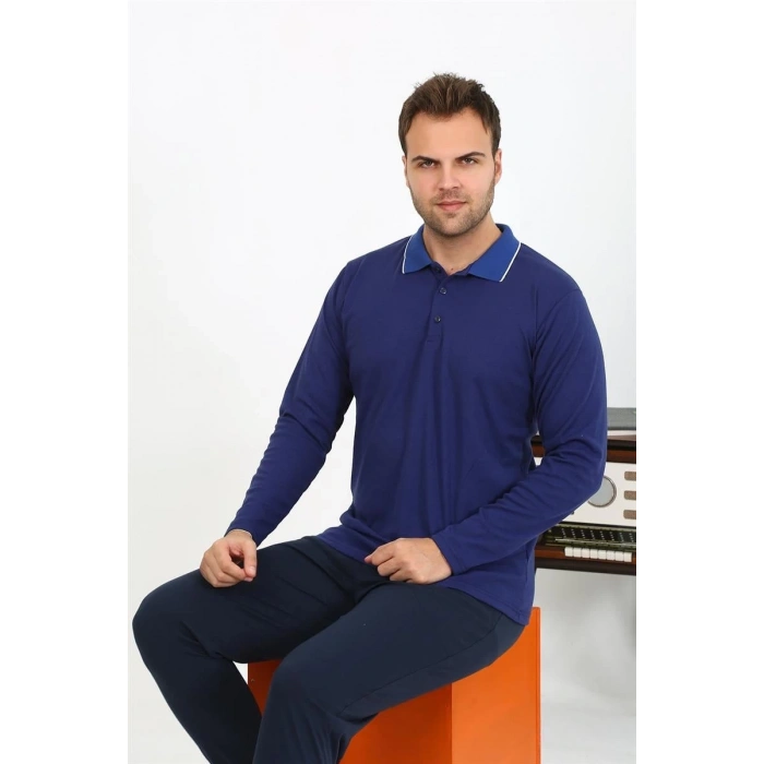 MİRAY- Erkek Polo Yaka Uzun Kol Penye Pijama Takımı Lacivert