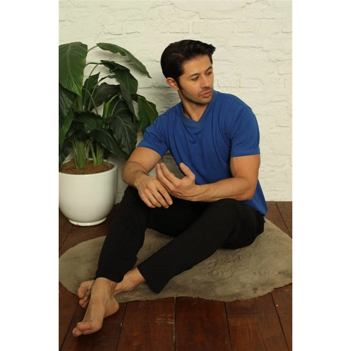 MİRAY- Erkek Saks V Yaka 3lü Pijama Takım