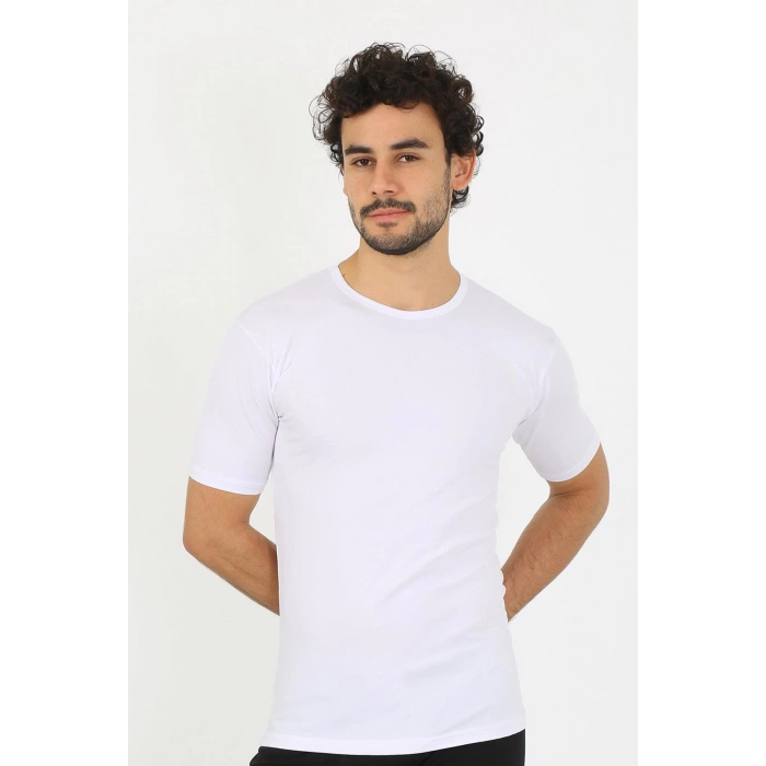 MİRAY- Erkek Sıfır Yaka Likralı Beyaz T-Shirt