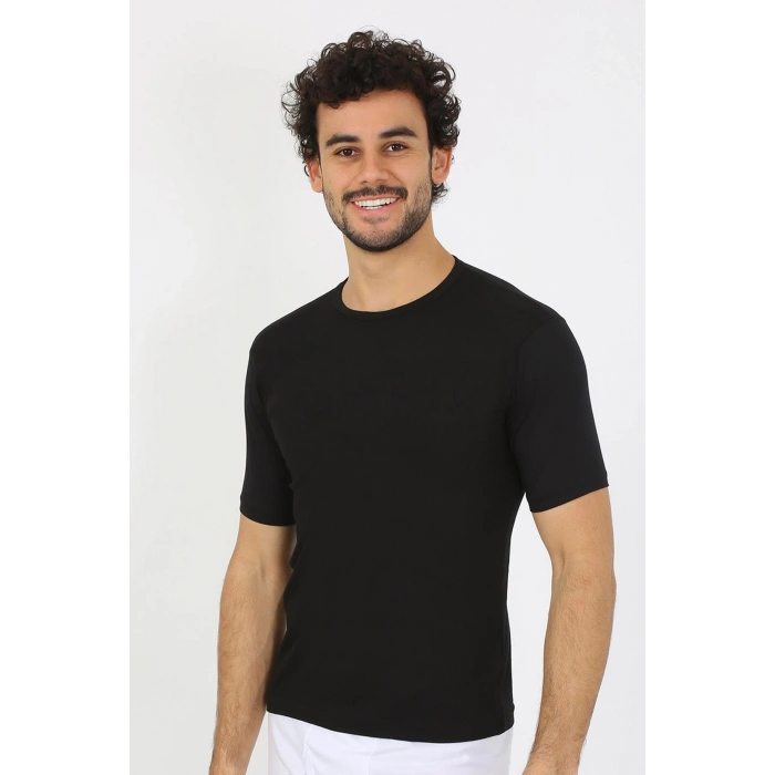 MİRAY- Erkek Sıfır Yaka Likralı Siyah T-Shirt