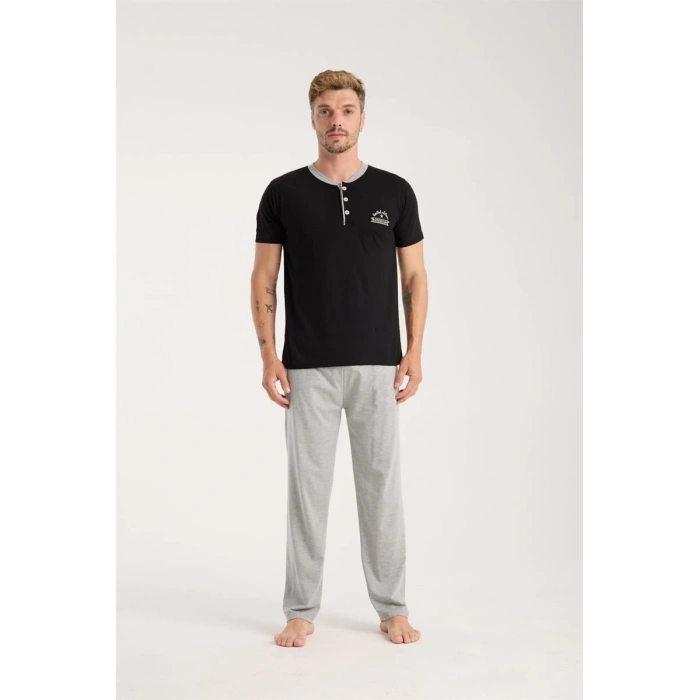 MİRAY- Erkek Siyah Düğmeli Yaka Kısa Kol Pijama Takımı