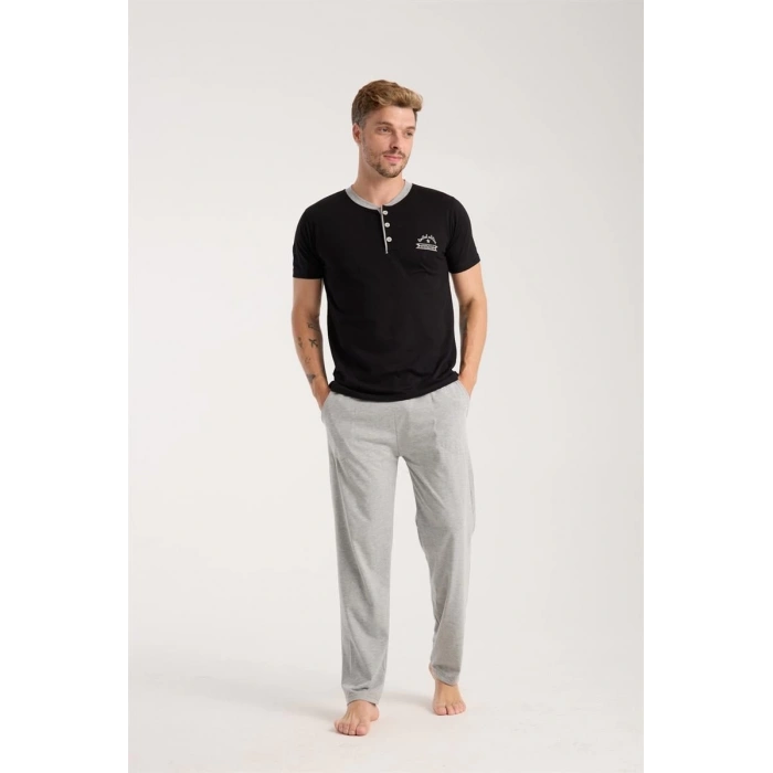 MİRAY- Erkek Siyah Düğmeli Yaka Kısa Kol Pijama Takımı