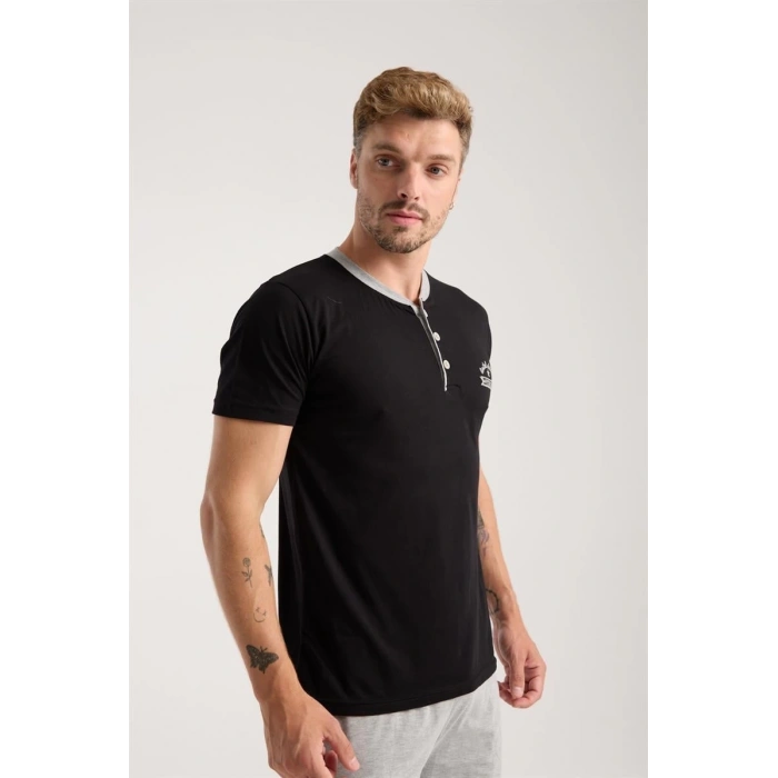 MİRAY- Erkek Siyah Düğmeli Yaka Kısa Kol Pijama Takımı