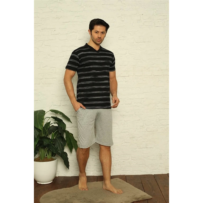 MİRAY- Erkek Siyah V Yaka 3lü Pijama Takım