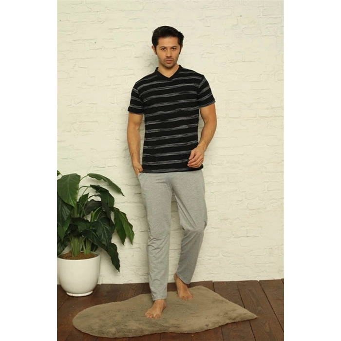 MİRAY- Erkek Siyah V Yaka 3lü Pijama Takım